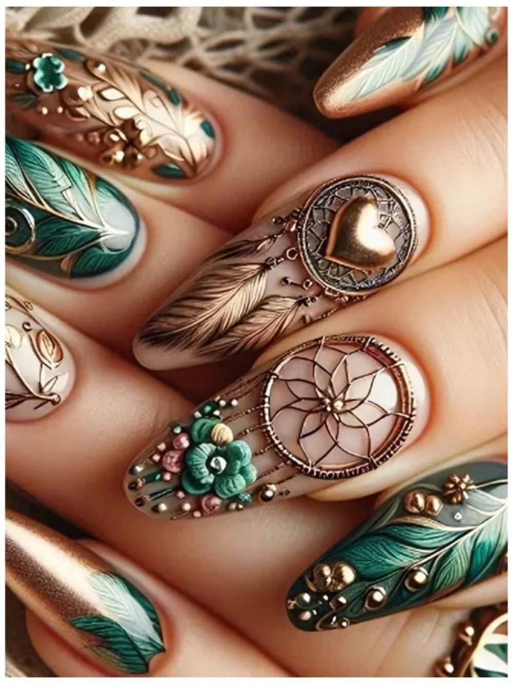 NWT Boho Dreamcatcher Feather Press On Nails Almond Emerald Green Metallic Gold